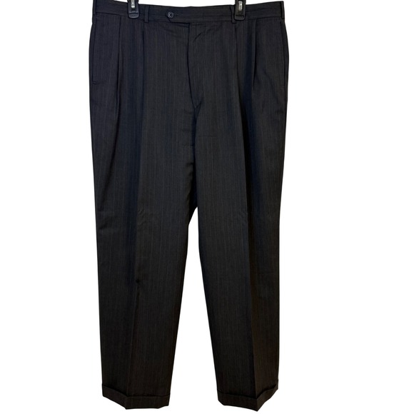 Lands' End Mens Regular 38x31 Gray Pinstripe Wool Dress Pants‎ Cuffed Pleated - Picture 1 of 10